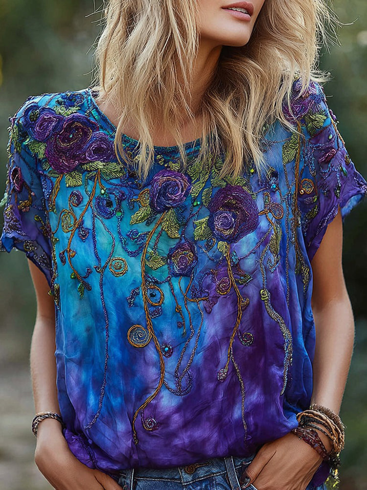Women's Vintage Rose Floral Elegant Crew Neck T-shirt