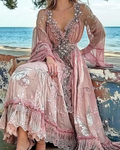 Summer Floral Embroidered Lace Patchwork Ruffle Dress  bf67