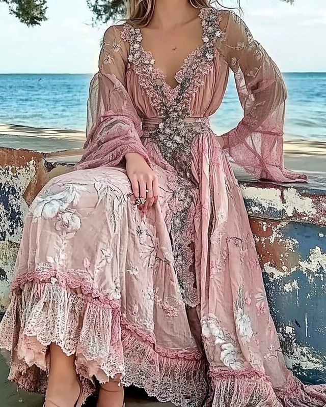 Summer Floral Embroidered Lace Patchwork Ruffle Dress  bf67