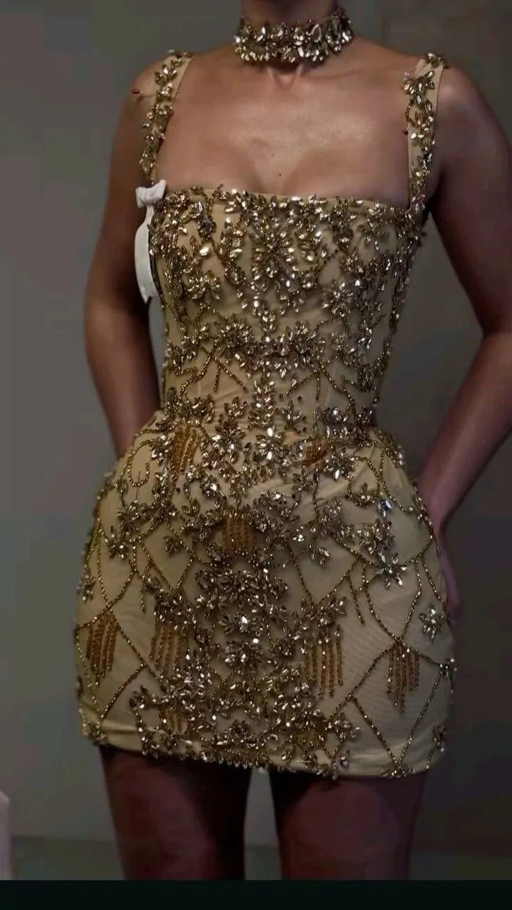 Champagne Gold Rhinestone Strappy Mini Dress