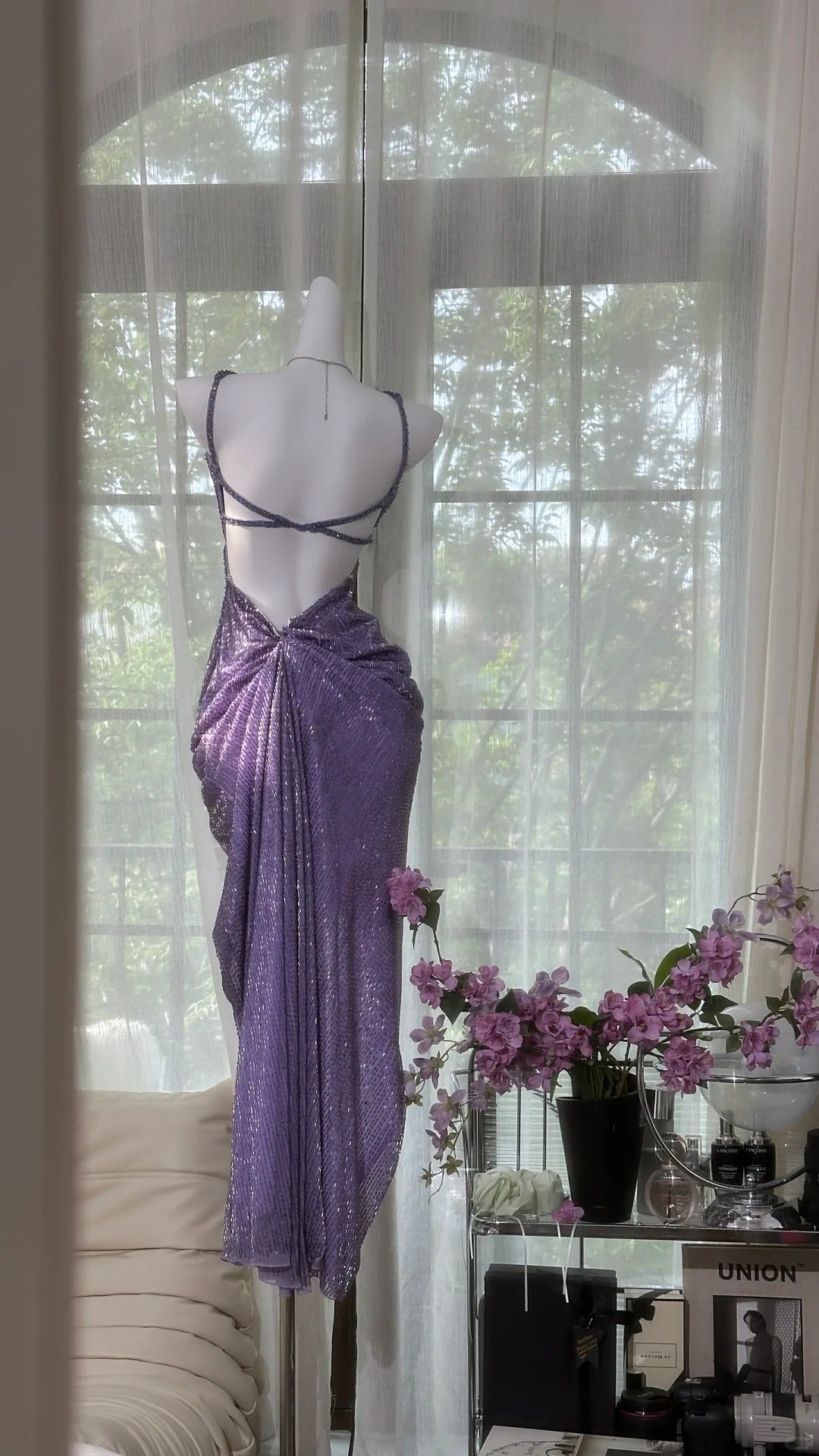 Purple Shiny Gorgeous Luxury Sequin Heavy Spaetti Strap Long Butterfly Decoration Sequin Chiffon Ball Gown Evening Gown Party Dress 4175