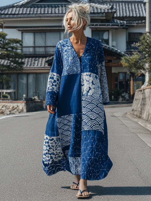 Japanese Style Floral Patchwork Retro Tie-dyed Round Neck Dress