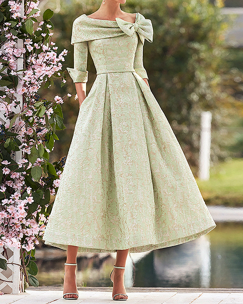 Women's Teal Jacquard Bow Brocade Midi Dress - 01