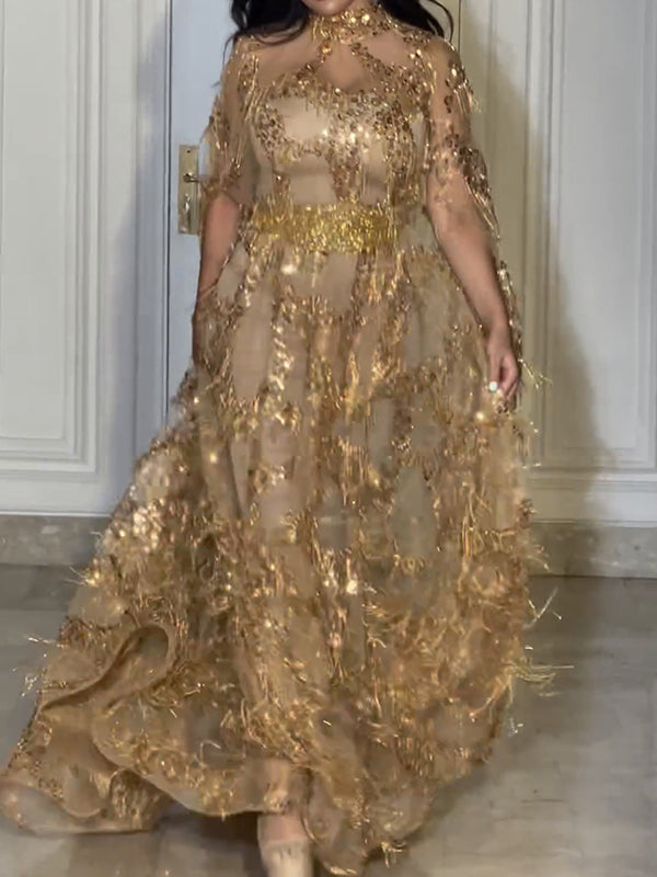 Paneled Shiny Long Sleeves V-neck Maxi Dresses