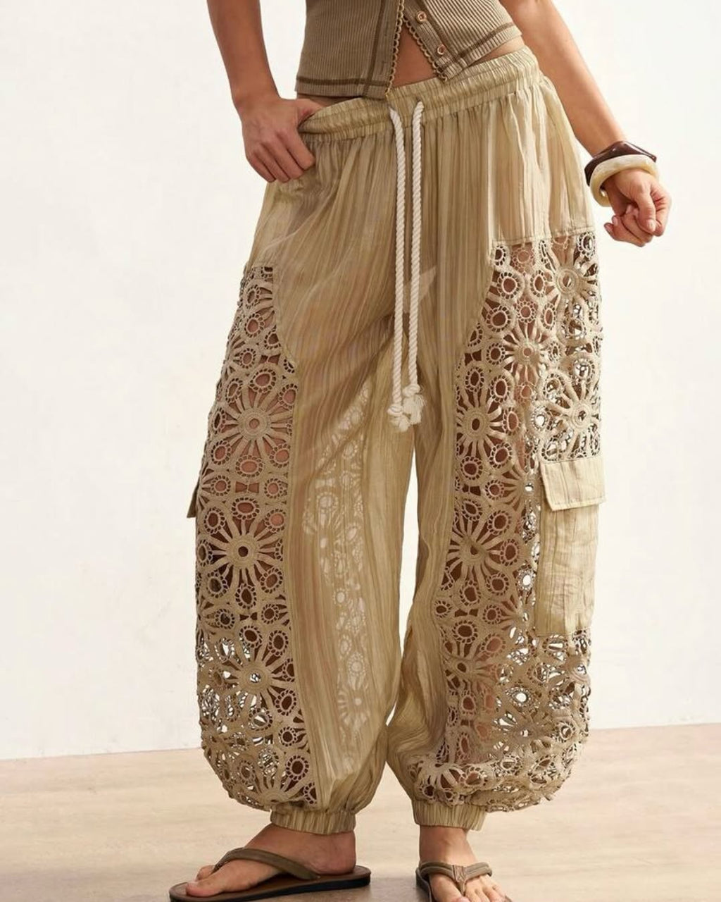 Beige Lace Cutout Drawstring Harem Pants