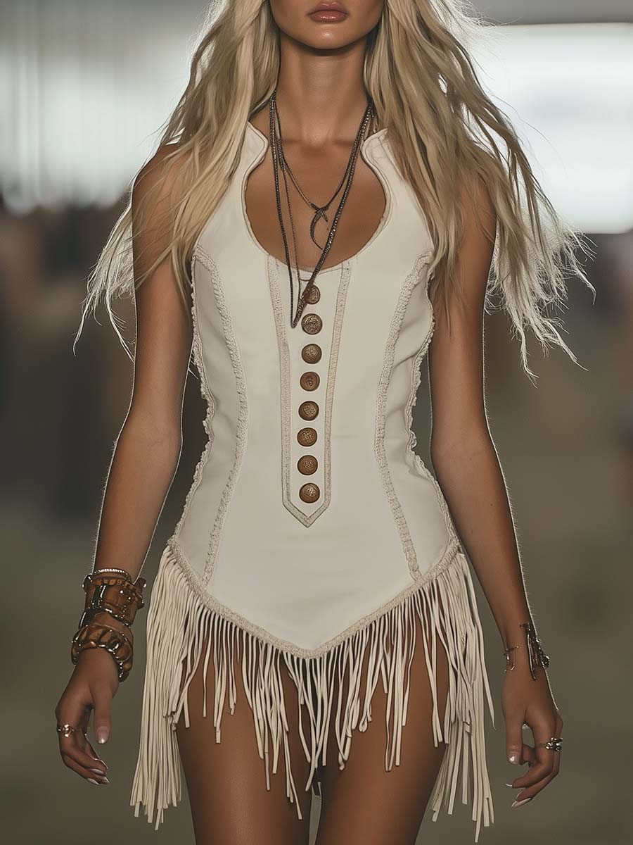 [24-hour shipping out]Elegant Western Chic Round Neck White Tassel Mini Dress