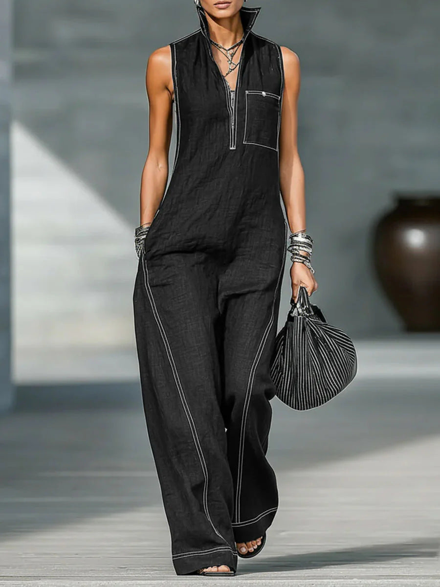 Modern Stand-Collar Denim Jumpsuit - Sleeveless Half-Zip Wide Leg One-Piece Romper
