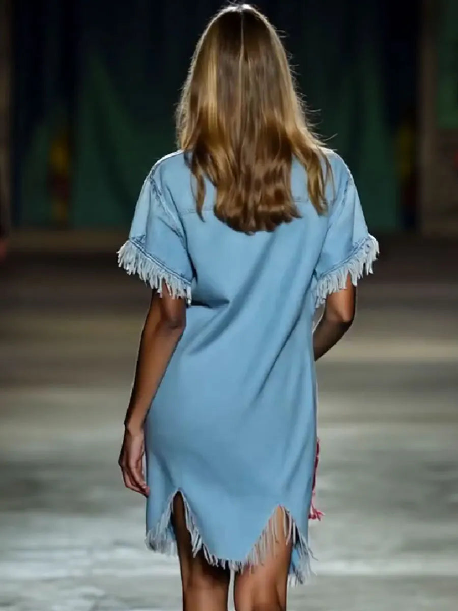[24-hour shipping out]Casual Loose Vintage Denim Short Sleeve Shirt Tassel Mini Dress