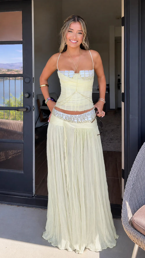 Beaded Pleated Chiffon Maxi Dress Set