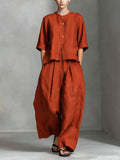 Women's Solid Color Round Neck 3/4 Sleeve Casual Loose Cotton Linen Top And High Waist Wide-leg Pants Cotton Linen Set