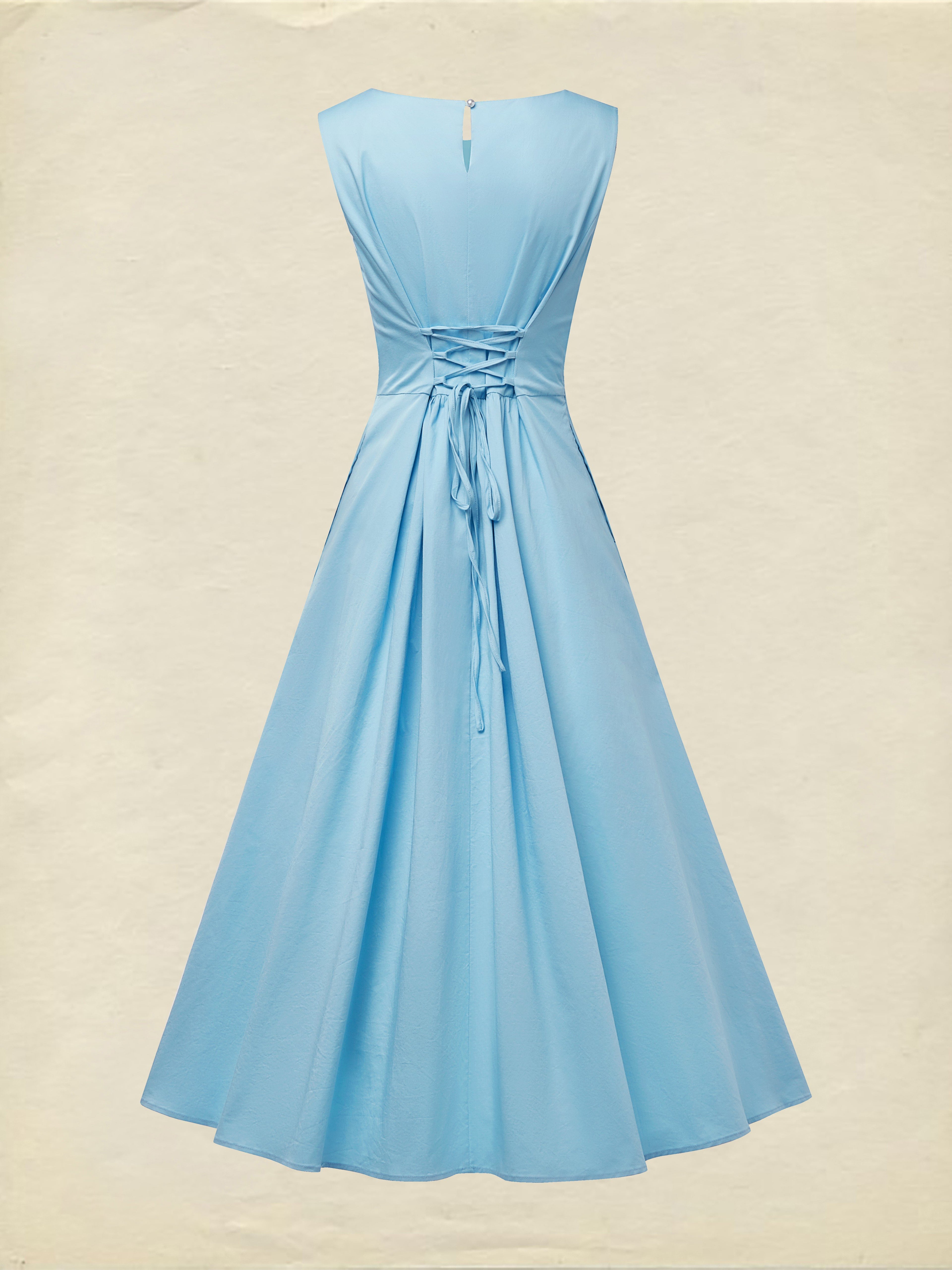 Maxi Cotton Dress , Sleeveless, Round Neck, Plain, Ruffles, French Vintage, Blue
