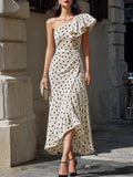 One-Shoulder Polka Dot Velvet Ruffle Midi Dress