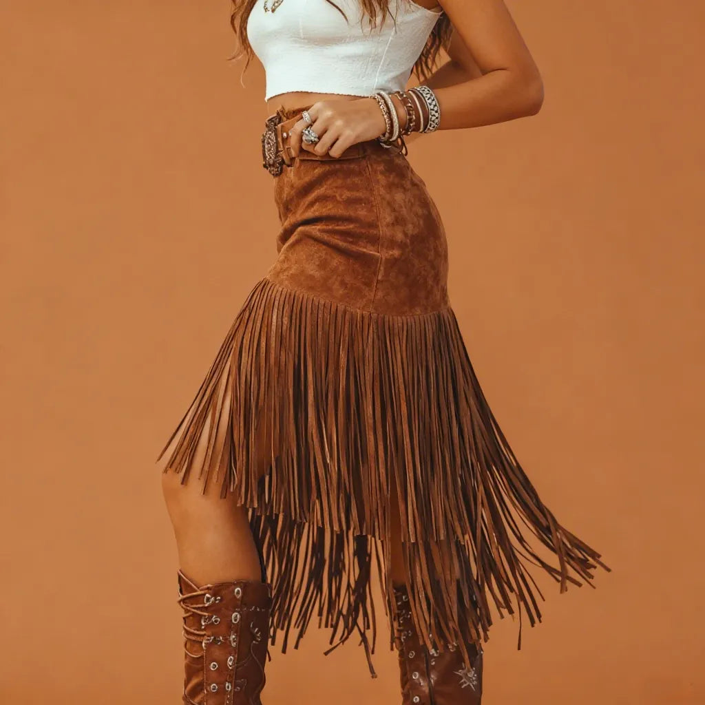 Women's Boho Fringe Skirt With Western Charm