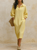 Women's Oversized Ribbed Knit Polo Collar Sweater Dress Long Sleeve Midi Dress