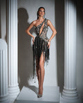 Alexine Black and Silver Short Dress with Tassels and Crystals