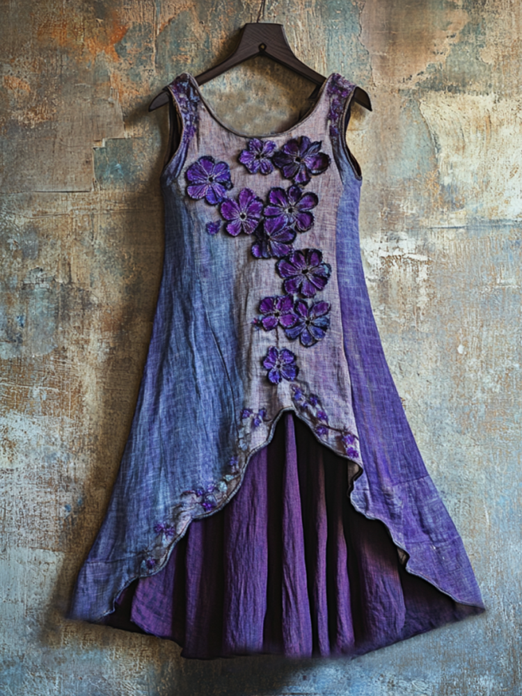 Vintage Celtic Knot With Purple Floral Pattern Linen Tank Dress