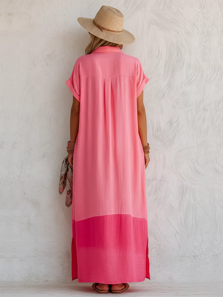 Stylish Casual Color-block Cotton-linen Dress With Polo Collar