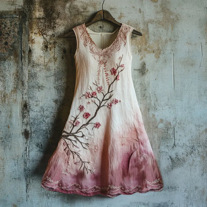 Vintage Celtic Knot With Cherry Blossoms Pattern Linen Tank Dress