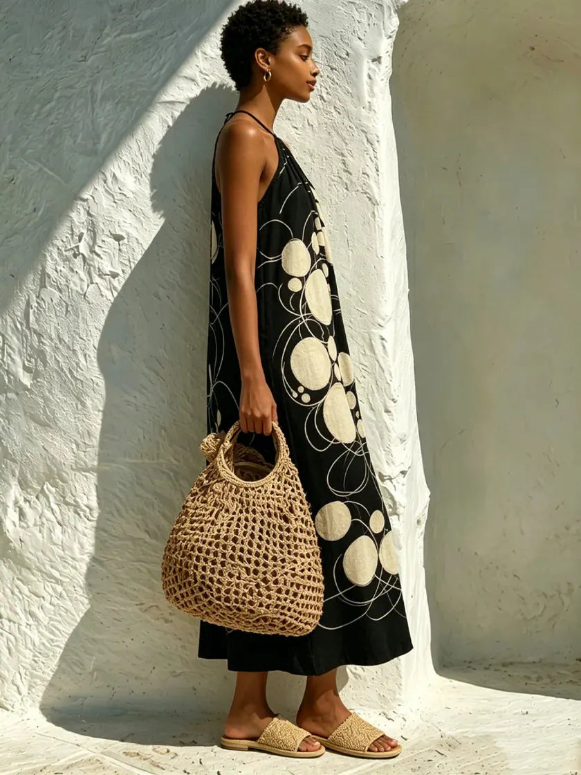 Cozy, Casual, Art-print, Sleeveless Linen And Cotton Dress