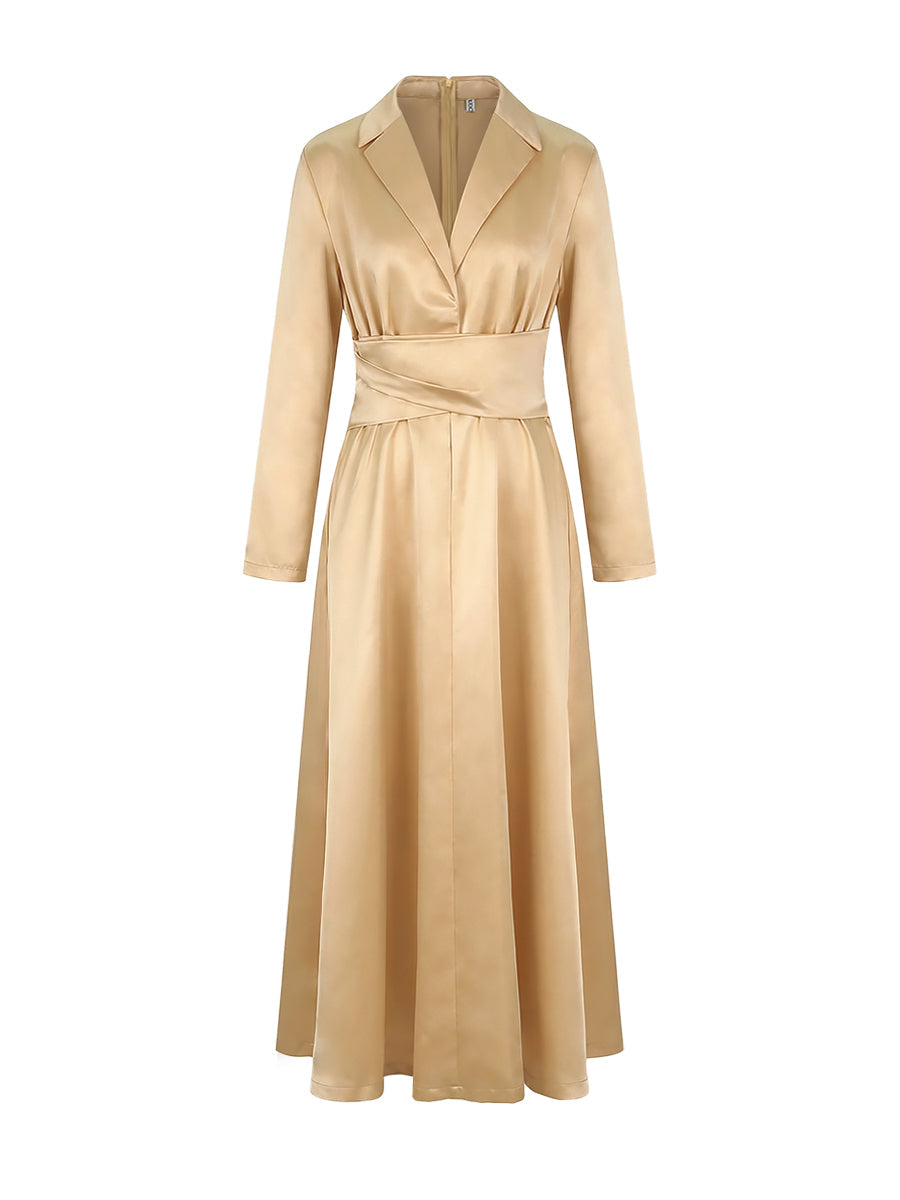A-Line High Waisted Pleated Solid Color V-Neck Maxi Dresses