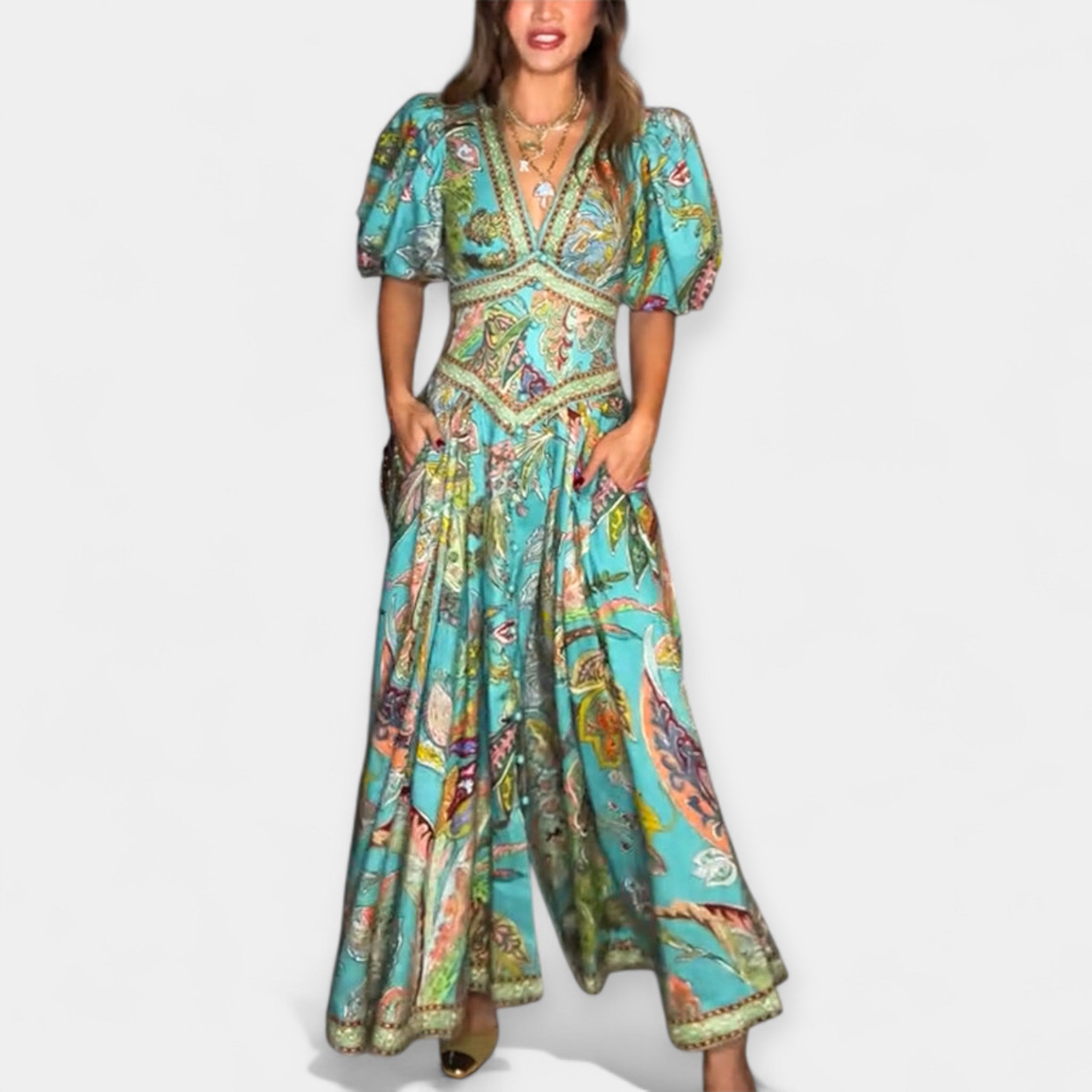 Light Maxi Dress with Puff Sleeves