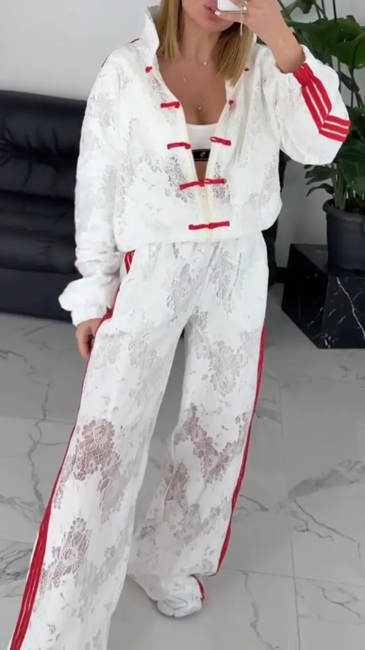 Frog-Button & Lace-Trimmed Striped Track Jacket + Wide-Leg Pants Set