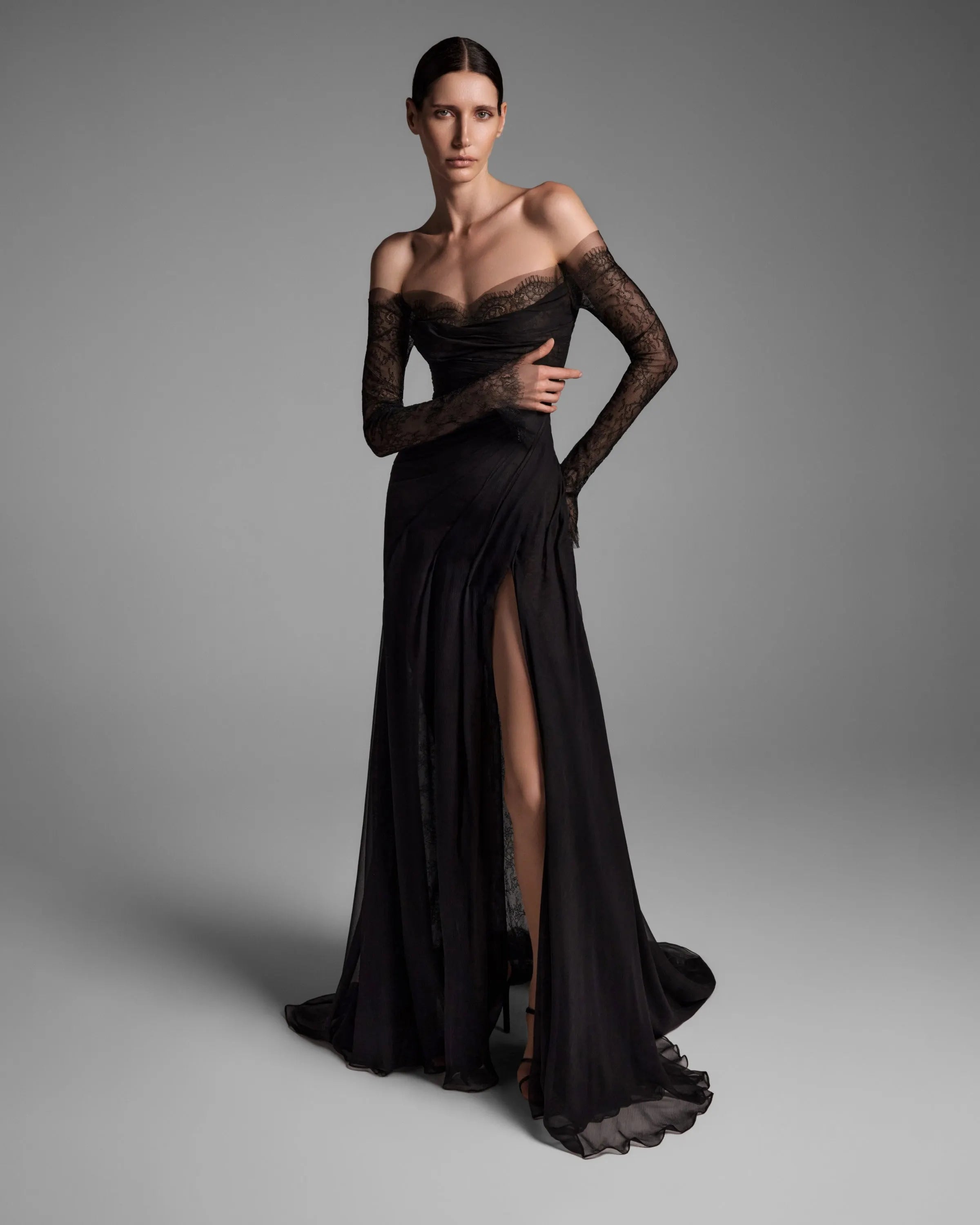 LOOK 1 Off-Shoulder Charcoal Black Chantilly Lace and Chiffon Dress