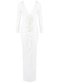 Long Sleeve Floral Ruched Maxi Dress White
