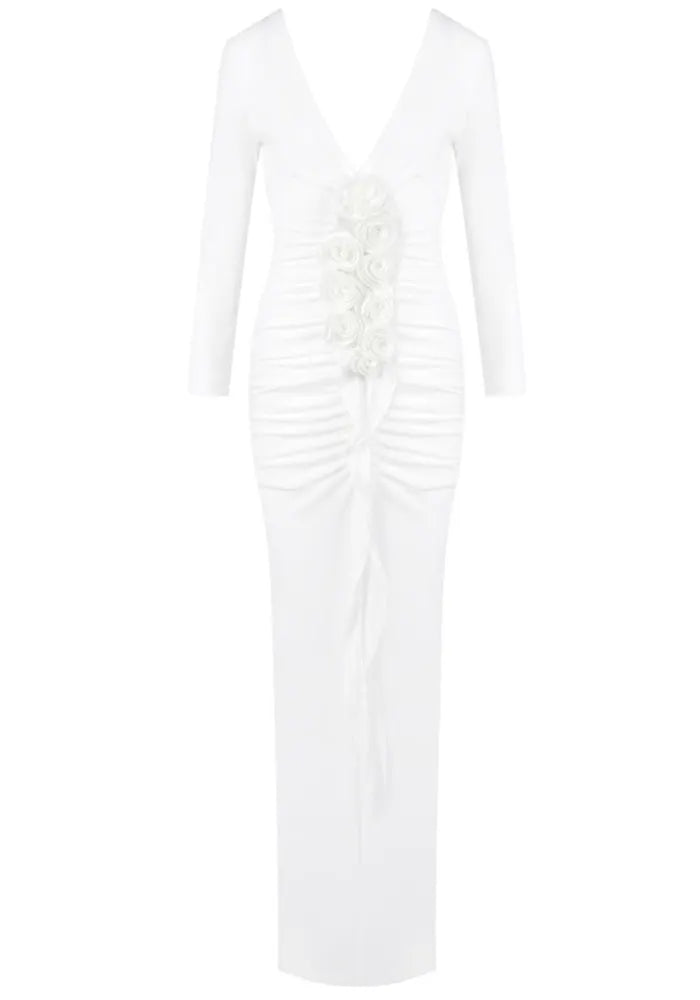 Long Sleeve Floral Ruched Maxi Dress White