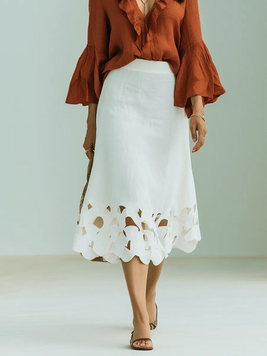 Boho Chic Rust Ruffle Blouse & White Cutwork Linen Maxi Skirt Set