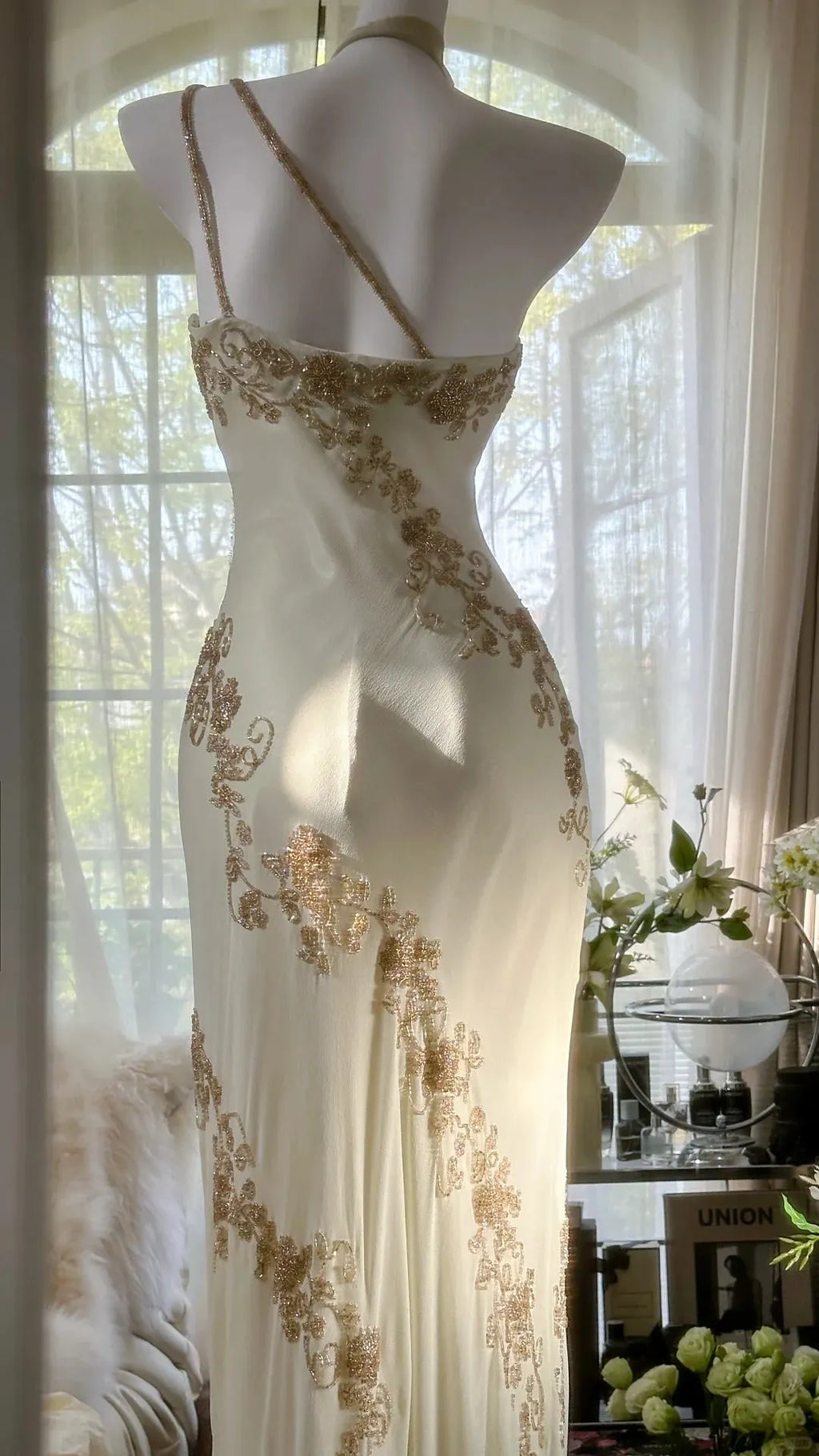 Ivory White Vintage Fashion One Shoulder Exquisite Beaded Long Chiffon Ball Gown Birthday Party Dress Cocktail Party Dress Evening Dress Prom Dress 3971
