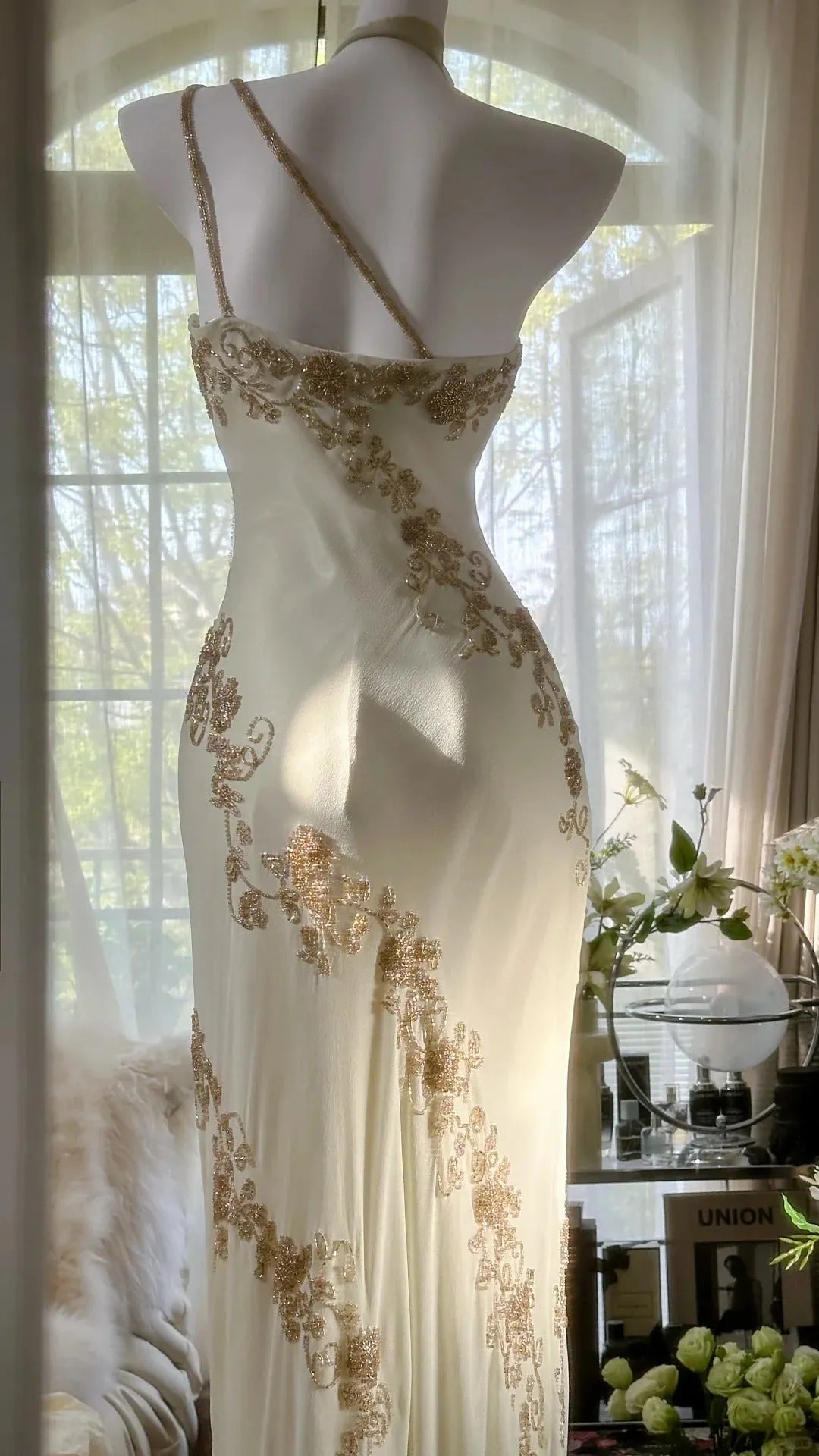 Ivory White Vintage Fashion One Shoulder Exquisite Beaded Long Chiffon Ball Gown Birthday Party Dress Cocktail Party Dress Evening Dress Prom Dress 3971