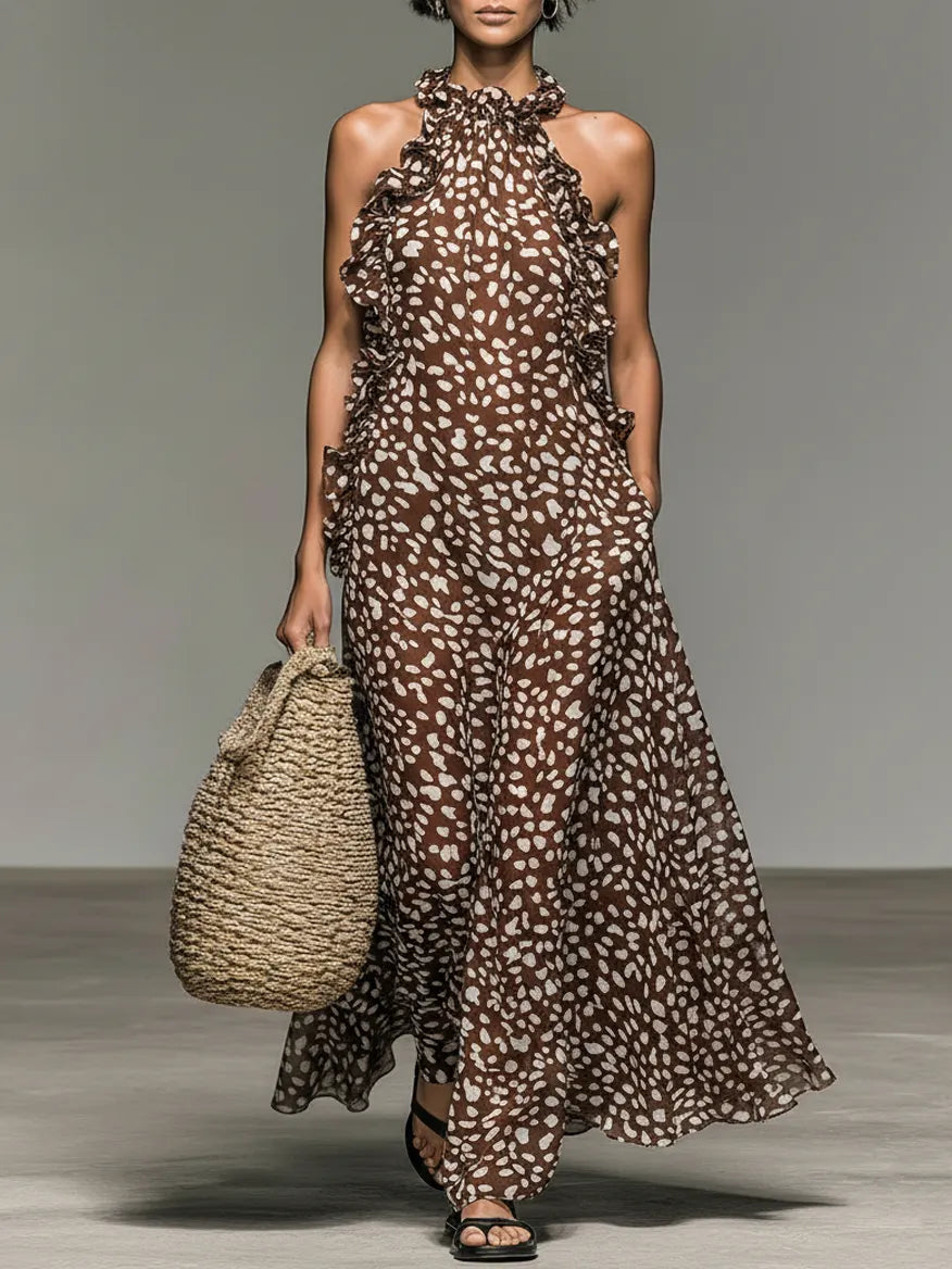 Women's Minimalist Deer Print Sleeveless Maxi Dress With Ruffled Collar MDZ2662B6Y