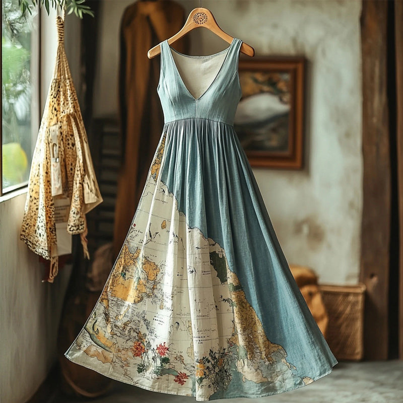 Vintage Old Map Inspired Linen Maxi Dress