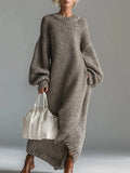 Women's Solid Color Round Neck Long Sleeve Casual Loose Knit Dress
