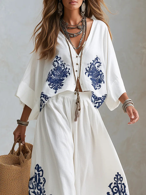 Bohemian Style Navy Blue Floral Midi Skirt Suit
