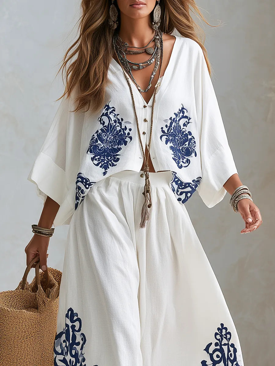 Bohemian Style Navy Blue Floral Midi Skirt Suit