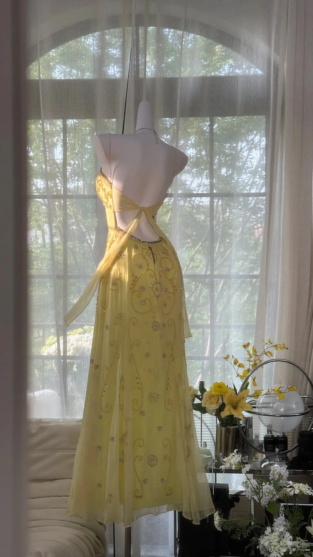 Yellow Gorgeous Exquisite Beaded Backless Spaetti Strap Long Chiffon Ball Gown Evening Dress Birthday/Holiday Party Dress Prom Dress 4063