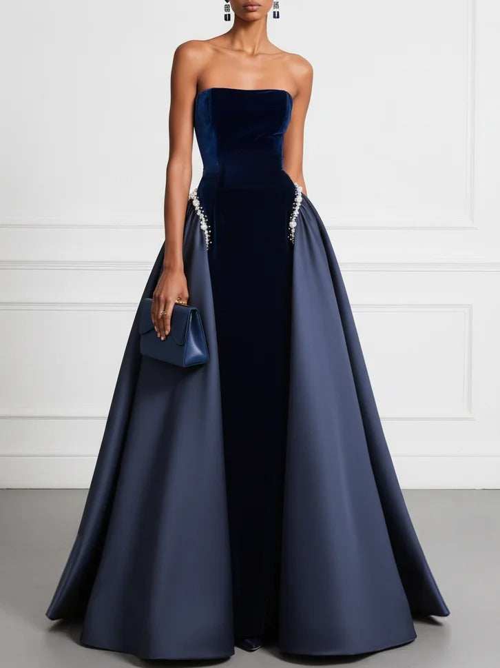 Navy Faux Pearl Split Joint Satin Strapless Sleeveless A-Line Maxi Dress