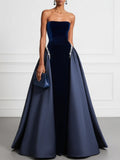 Navy Faux Pearl Split Joint Satin Strapless Sleeveless A-Line Maxi Dress