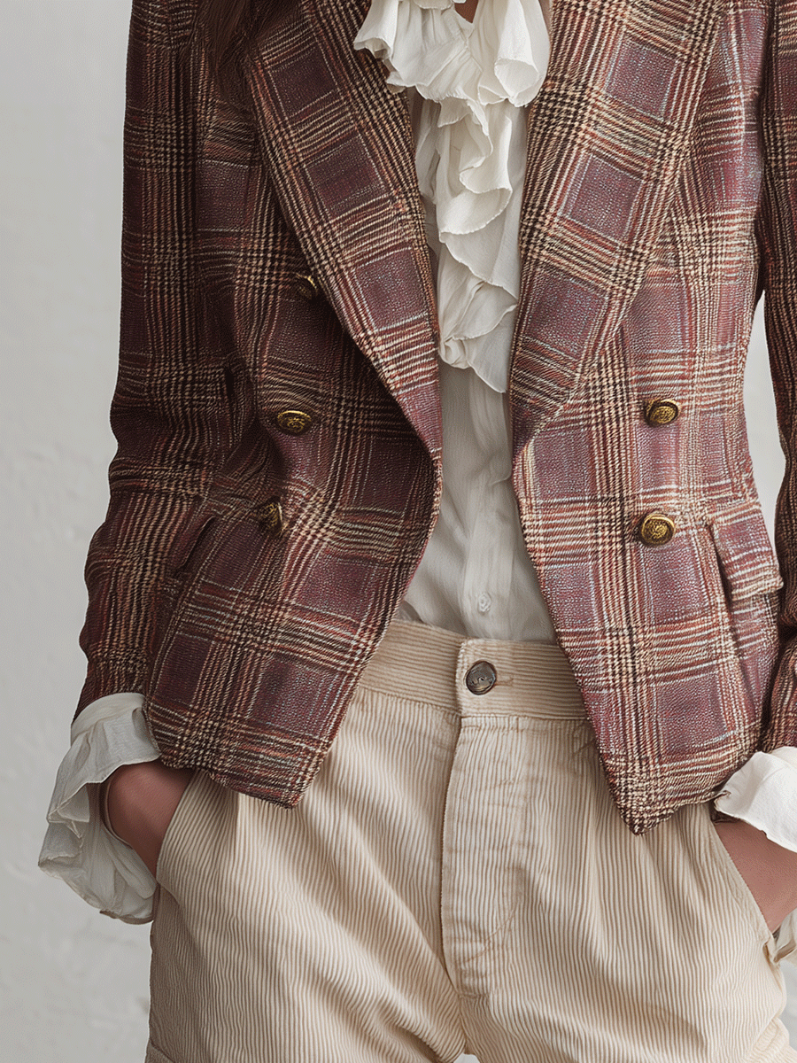 Effortless Chic Textured Tweed Fitted Peaked-Lapel Brown & Pink Plaid Blazer