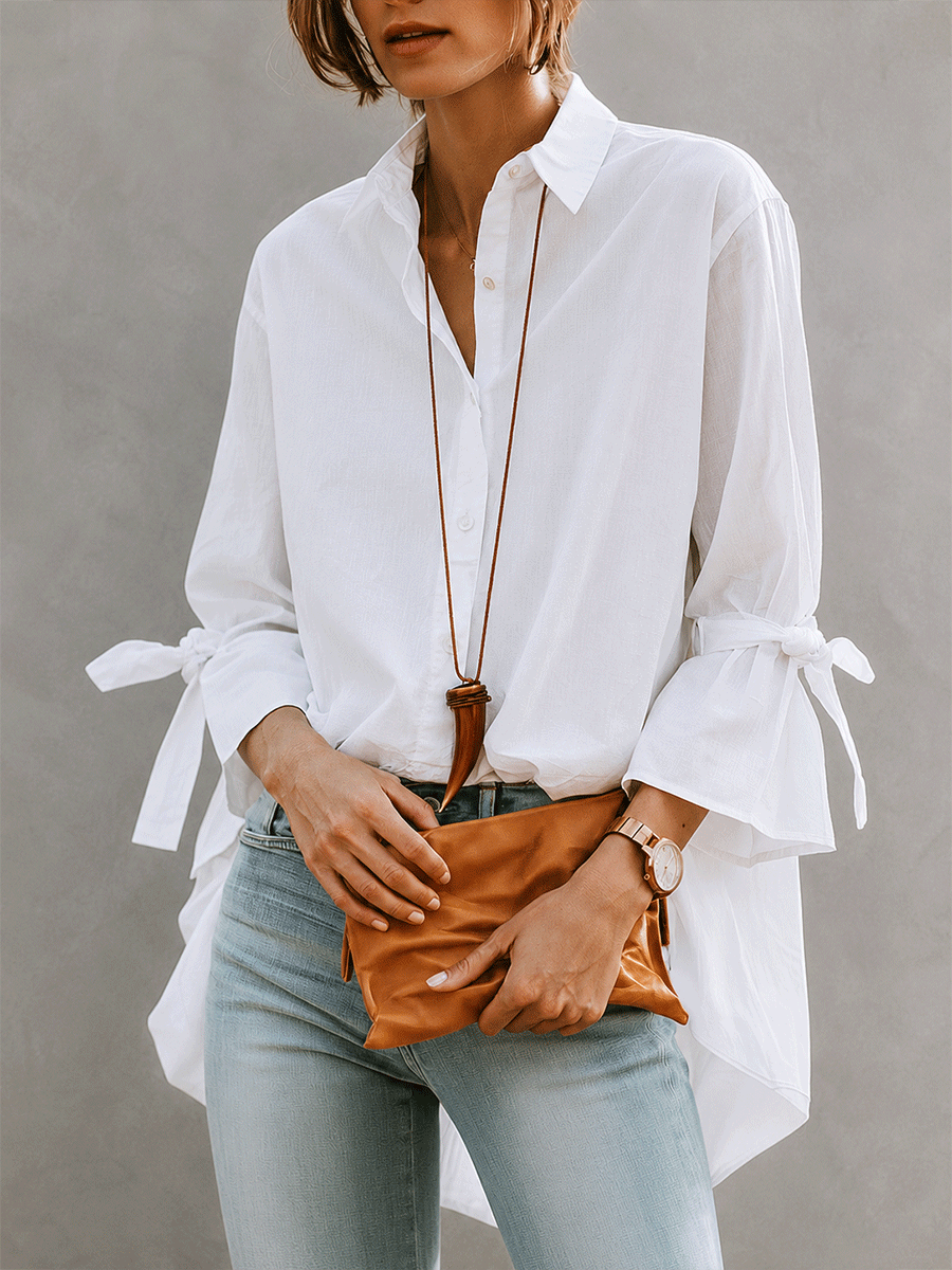 Effortless Chic Cotton Bell-Sleeve Tie-Cuff High-Low White Shirt