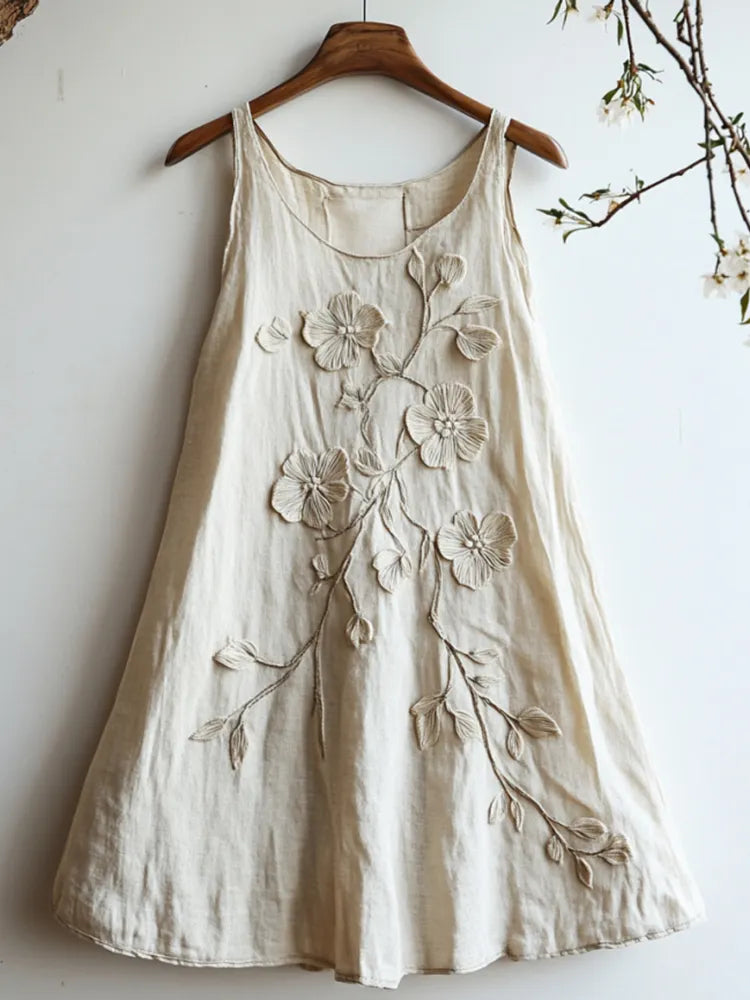 Vintage Floral Embroidery Casual Linen Sleeveless Dress