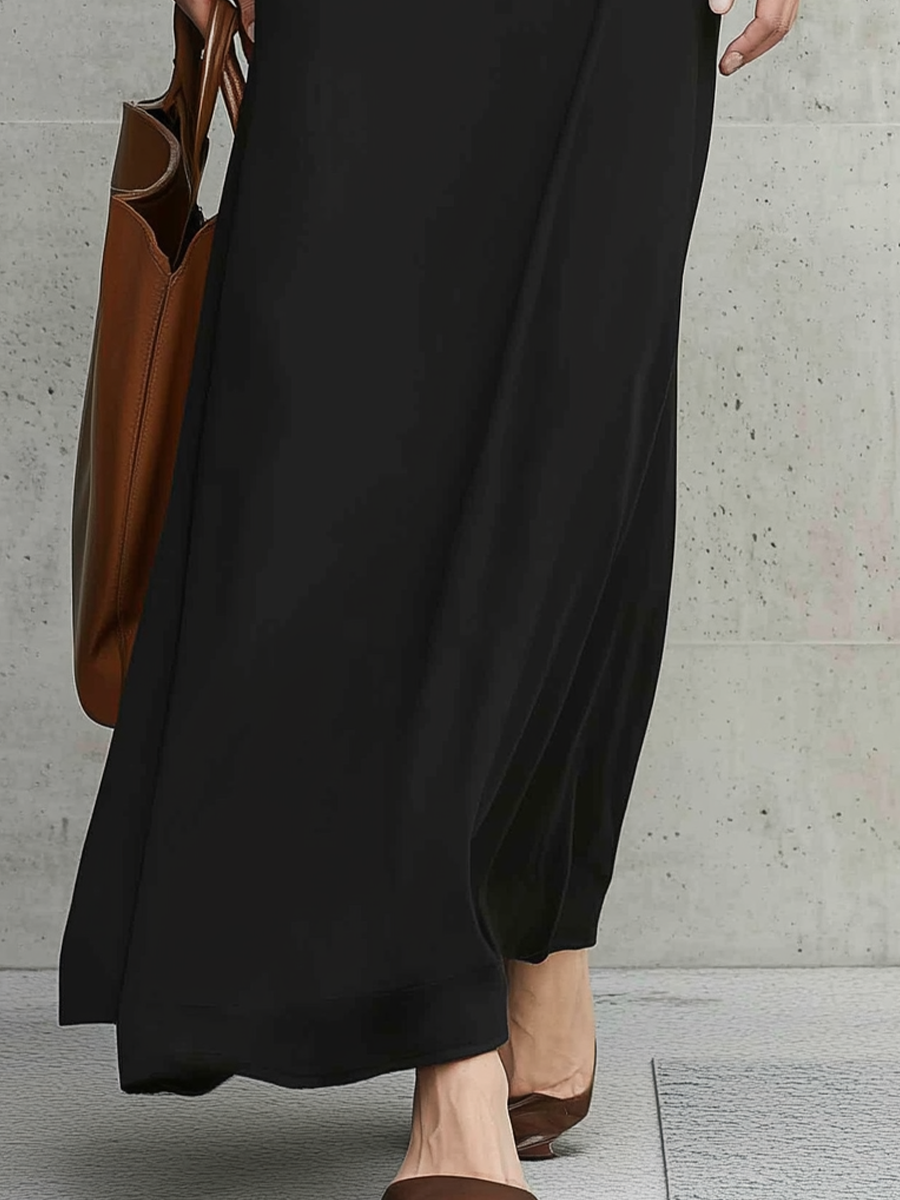 Elegant Black Cape Sleeve Button Front Maxi Dress