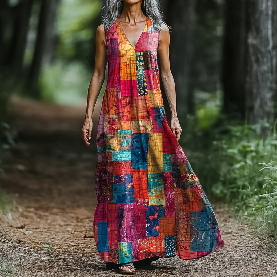 Women's Art Painting Colorful Patchwork Print V Neck Tank Dress 03a8
