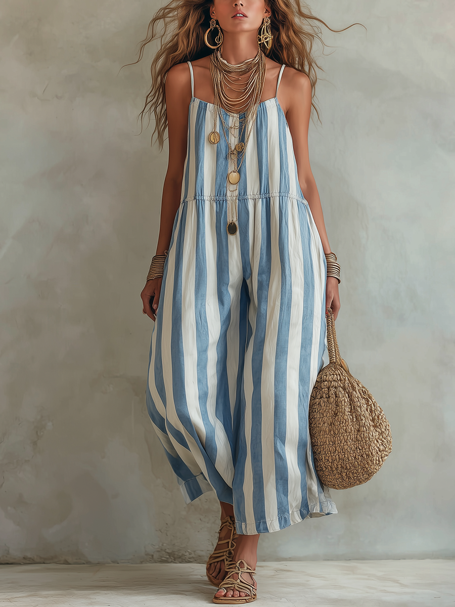 Vacation Style Blue And White Striped Strappy Jumpsuit
