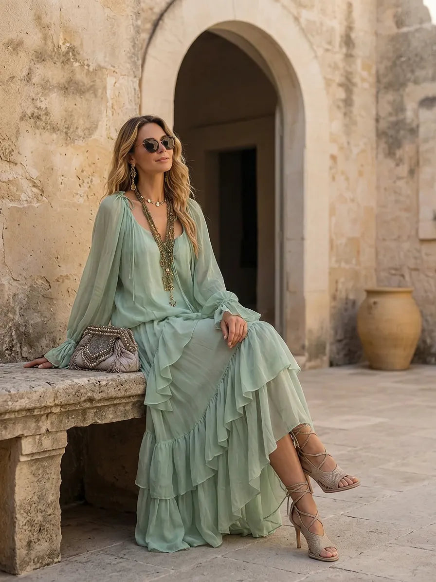 Bohemian Mint Chiffon Ruffle Blouse With Layered Skirt