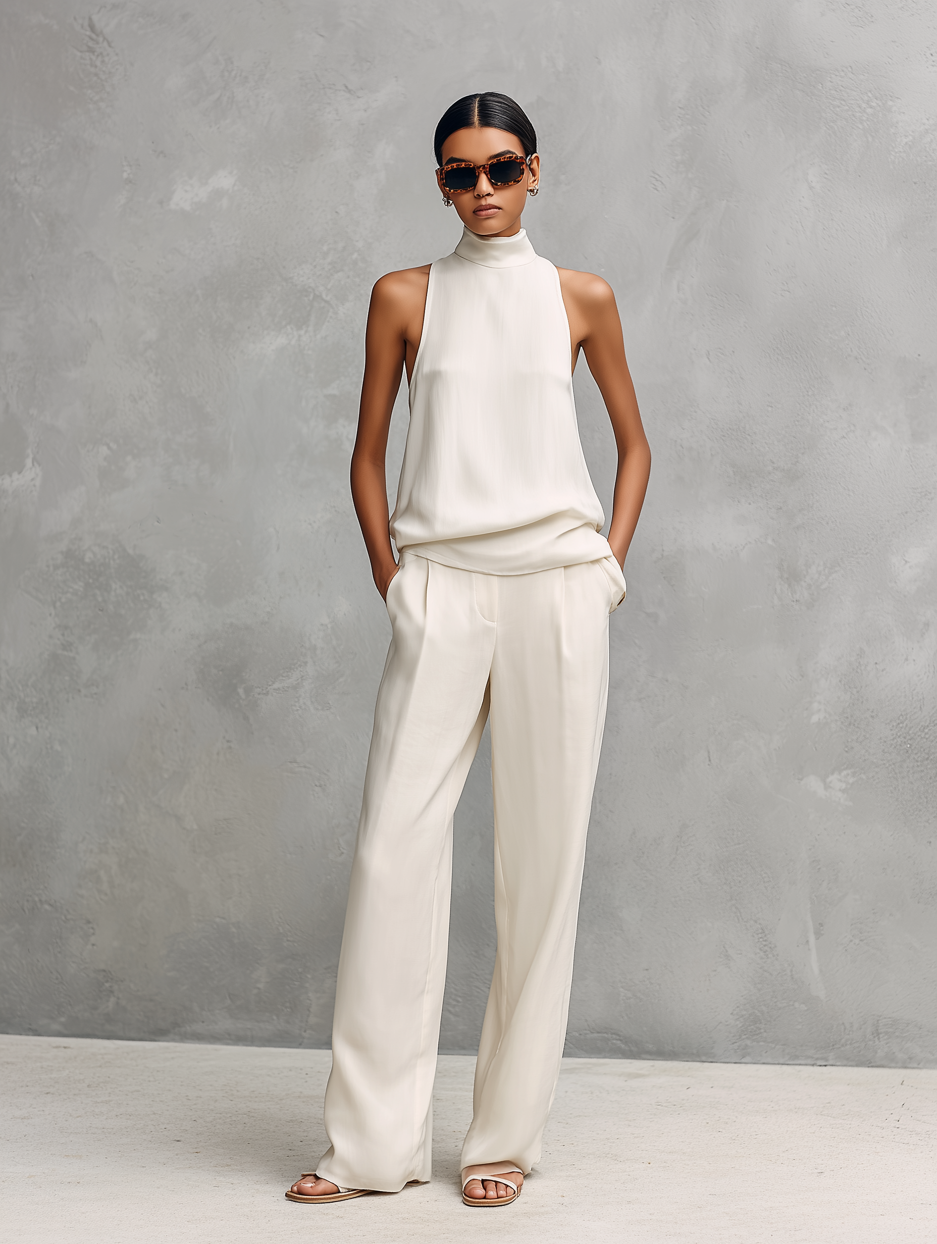 Women's Elegant Black Cotton And Linen Round-neck Sleeveless Top And Trousers Set