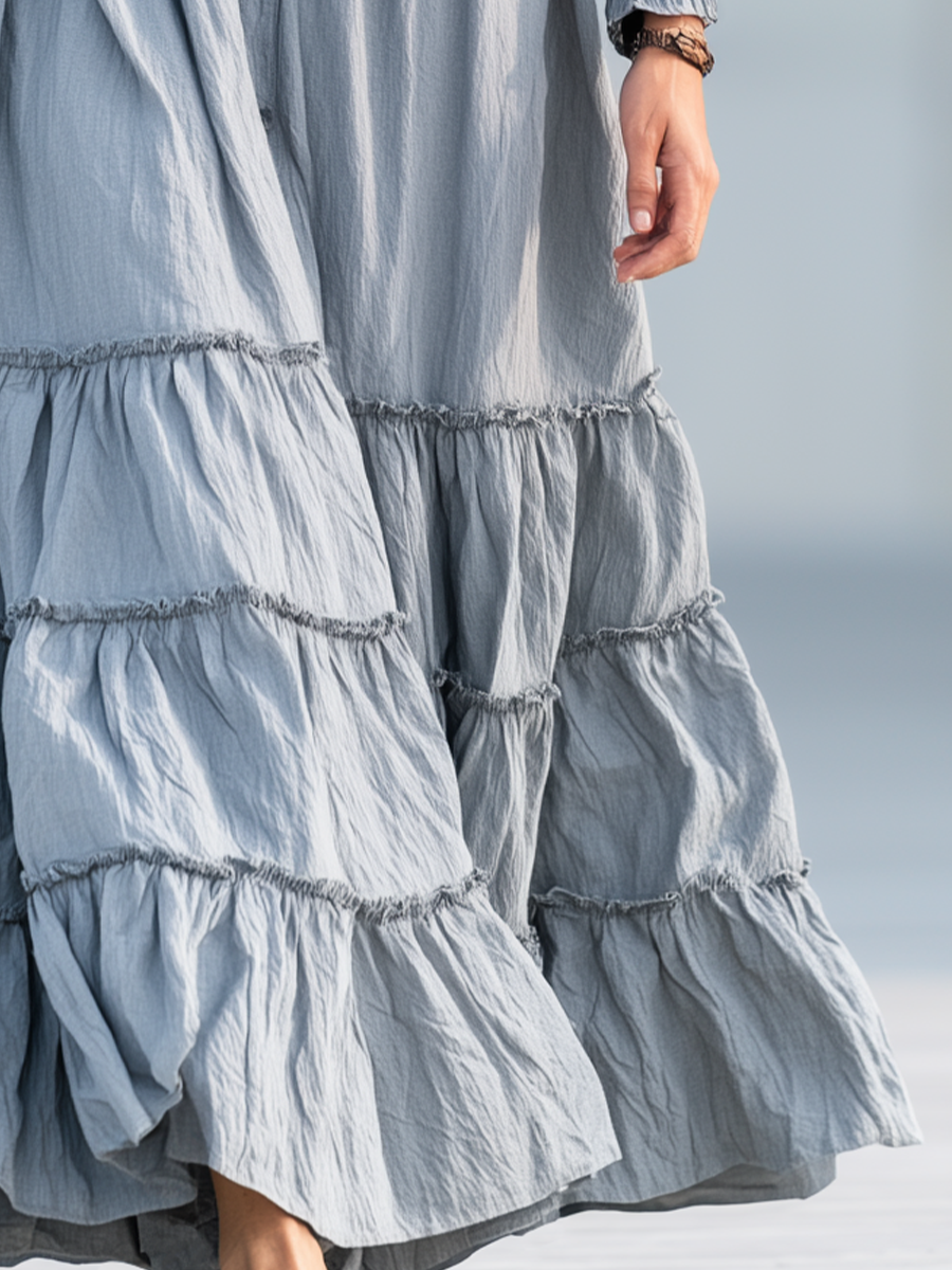 Bohemian Grey Tiered Ruffle Button Maxi Dress