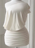 One Shoulder Draped Top Ruched Skirt Mini Bodycon Dress, Cream White Slim Party Evening Gown